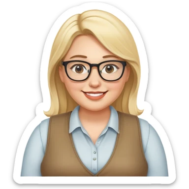 Plus size blonde woman wearing glasses and a vest, friendly smile sticker