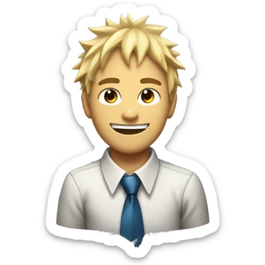 Denji with his blond hair in a shaggy style, brown eyes, with his shark teeth, is smiling evil and with a shirt with a tie from chainsawman sticker