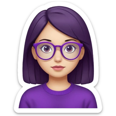 portrait of white girl with dark hair wearing purple sweater and purple glasses sticker