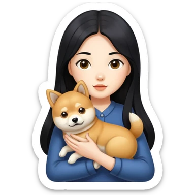 A girl with long black hair holding a Shiba Inu sticker