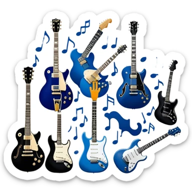 Icon for Blues Music: close-up collage of legendary blues artists. Gary Moore, Eric Clapton, B.B. King and Joe Cocker. Represented by silhouettes or symbolic items like guitars, microphones, or music notes, reflecting the soulful energy of blues music. Transparent background. sticker