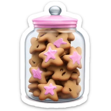 Realistic glass cookie jar with light pink lid full of gingerbread cookies isolated.  sticker