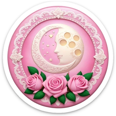 A round pink button with light cream damask lace, a full moon and stars and pink roses sticker