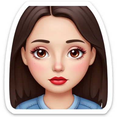 “Emoji brunette girl, dewy skin, heavy blush across cheeks and nose bridge, glossy cherry lips, soft eyeliner, teary sparkling eyes like hanni from new jeans sticker