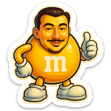 Create a yellow M&M candy character with the face from the reference photo, keeping the style playful and cartoonish. sticker