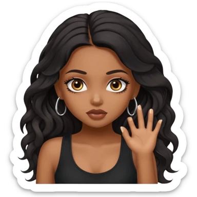 a pretty bratz dusky girl with long wavy black hair, kajal under eyes, black full sleeve tank top sticker