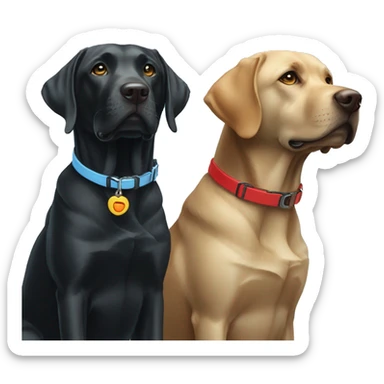 black-coloured labrador on the left with red collar, black-coloured labrador on the right with light blue collar. sticker