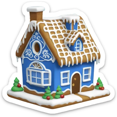 A blue and white gingerbread house sticker