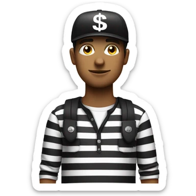 A man with striped black and white shirt a black cap and a black eye tag with a cash bag sticker