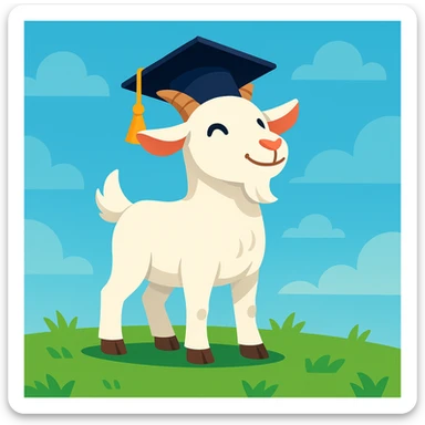 cute white goat standing on green grass, wearing a black graduation cap, bright daylight, soft blue sky background, proud and confident expression, cartoon style sticker
