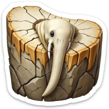 3D render of Mammoth Tusk, embedded in a chunk of rough sedimentary rock, cracked stone texture, ancient fossil aesthetic, weathered white ivory texture with cracks, matte dry finish, Apple emoji style, isolated on white background --v 6.0. sticker