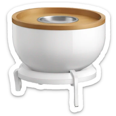 A modern, white manual pet feeder with wooden legs, a metal bowl at the bottom, a transparent front window, and a top lever for dispensing food. sticker