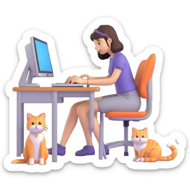 a girl at a desk with a computer with a cat lying beside the computer sticker
