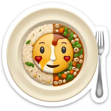  dirty plate after eating, leftover food scraps, vegetable pieces, rice grains, sauce stains on the plate, fork and spoon placed beside the platerealistic food leftovers, clean and simple background, soft lighting, high quality, emoji style sticker