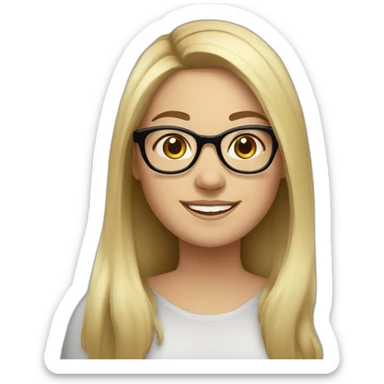 A chubby white young woman with black long hair glasses and smiling sticker