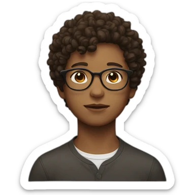 head of a boy with brown curly short hair and white glasses with a dark cat sticker