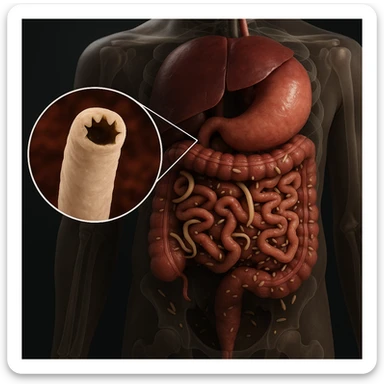 Hyperrealistic 4K anatomical view of a human body, focusing on the intestine infested with clearly visible parasites such as worms and larvae. Include a detailed close-up of one parasite. The atmosphere is clinical, referencing diseases and tumors risk. Emphasize medical accuracy and detail. sticker