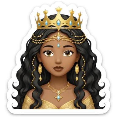 a black beautiful angel with gold pattern on her face and and long wavy black hair, she wears a ethereal crown with sparkling strings and a beautiful sparkling golden gown with moon crest in the middle of the gown, her face calm, gentle and kind, magical aura around her sticker