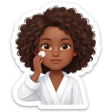Menina parda,de olhos castanhos claros, com cabelos grandes encaracolados e um roupão branco e cosa fazendo skin care sticker