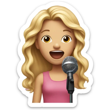 An emoji of a young girl with long blonde hair, holding a microphone and singing passionately, with a joyful expression on her face sticker