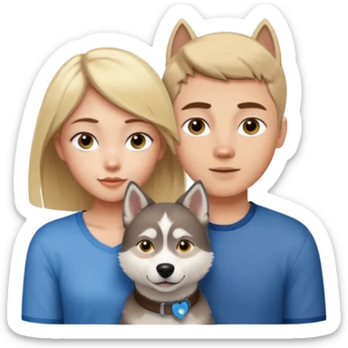 ragazza bionda occhi gialli capelli lisci biondo che abbraccia un husky occhi azzurri e un ragazzo bruno capelli corti e rasati occhi castani sticker
