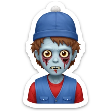 brown fluffy hair zombie with blue and white hat dark blue jilet red t shirt sticker