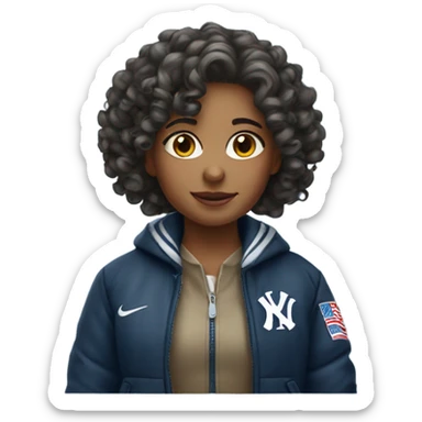 girl with curly hair wearing yankee jacket sticker