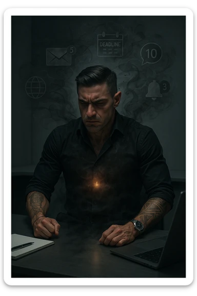 A highly realistic, cinematic image of a young man in his early 30s, sitting at a modern office desk under harsh artificial lighting, shoulders hunched, jaw clenched, and breathing shallowly, symbolizing how modern society forces people to live in a state of chronic tension and restricted breathing. Around him, faint black and grey visual elements represent notifications, deadlines, social media icons, and news alerts, swirling around his head like a chaotic storm, symbolizing societal pressure. His chest appears visually tight and compressed, and faint dark smoke emanates from his body, representing blocked breath and internalized stress. In contrast, a faint glowing light near his chest and abdomen tries to expand, symbolizing the innate desire of the body to breathe freely and deeply. The environment is cold and minimalistic, with a sense of stillness and tension, captured in a hyperrealistic 35mm film style with muted colors, focusing on the man's tense posture and restricted breathing to reflect the unseen burden of modern living. sticker