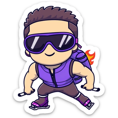 close-up of bad guy male athlete with white skin and moderately curly dark brown hair on top with shaved sides, wearing ski goggles with purple frames and very dark black lenses, a simple plain black chain necklace, and a completely unzipped sleeveless vest with purple and black sequin fire pattern design with no logo, pulling his tongue out very far in an exaggerated mocking gesture, looking menacing and villainous sticker