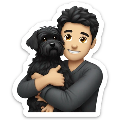 Black haired guy hugs black maltese dog  sticker