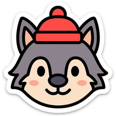 cute wolf wearing a red hat, simple and modern icon style sticker