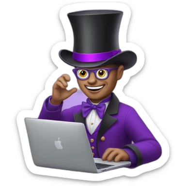 magician with a purple magic hat working on a macbook sticker