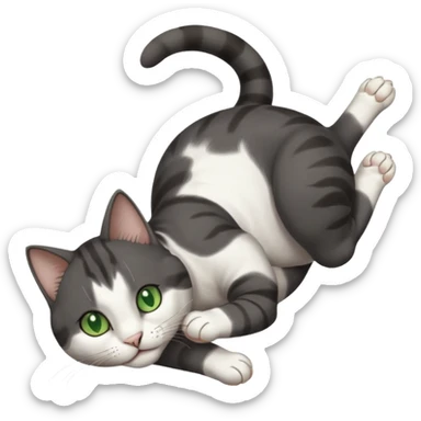 beautiful female solid dark grey cat with green eyes, white toes/paws and white patch on her chest playfully rolling upside down sticker