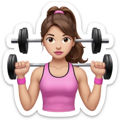girl with wavy long ponytail brown hair, brown eyes, light to medium complexion, long lashes, light pink lipstick, wearing light pink shirt, lifting pink weights in a sports top sticker