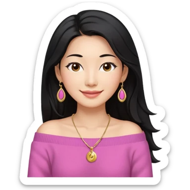 South Korean girl in her mid-thirties with long black hair with a middle part. She is wearing a pink, off the shoulder long sleeve knit sweater, extra small gold earrings and a gold necklace. She has brown eyes with narrow, mono lid shape and smiling with lips together sticker