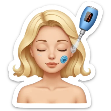 Emoji of a woman with eyes closed, getting an ultrasonic cavitation treatment on her cheek, blue waves showing vibration sticker