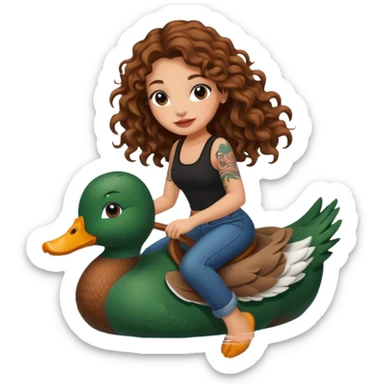 cute woman long curly brown hair tattoos riding duck through pond sticker
