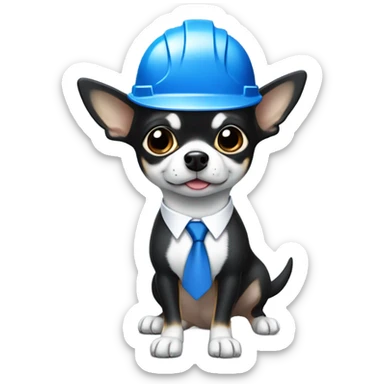 Black and white chihuahua that is running a large company and wears a blue suit with a blue tie and a hard hat and is at a skyscraper sticker