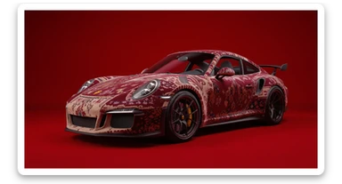 Closeup shot of a porsche 911, body of car made of russian carpet with patterns, red solid studio background, very dark room, top low key light, dutch angle, haze, captured by ARRI 65 sticker
