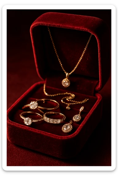 a luxurious dark red velvet jewelry box with shiny jewelry inside sticker