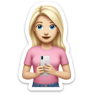 a blue eyed white blond hair girl wearing a pink shirt holding a pink iphone  sticker