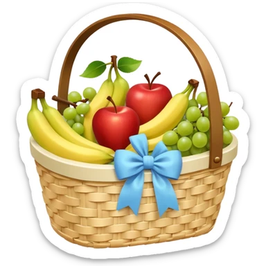 A white Picnic basket with pastel blue bow，filled with fruit sticker