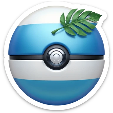blue pokeball emoji, top half is a more saturated blue, bottom half is white, black stripe, with a white sheen, with a pearlescent finish, with a leaf effect sticker