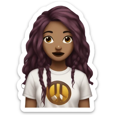 Beautiful girl with long dark maroon hair and a septum piercing, hazel colors eyes, wearing an emo shirt, making a peace sign and winking sticker