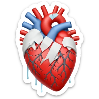 Un corazón humano roto de color gris con grietas  sangrando y expulsando sangre rodeado de vendas y tiritas que se despegan sin hacer efecto sticker