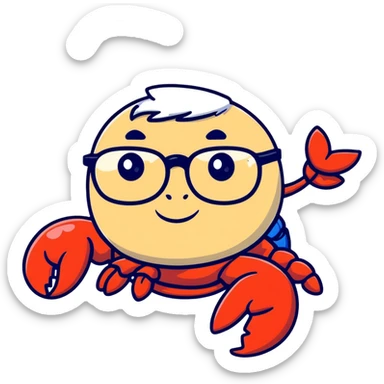 senior lobster with white hair and glasses, elderly lobster character with white eyebrows and whiskers, wearing round glasses sticker