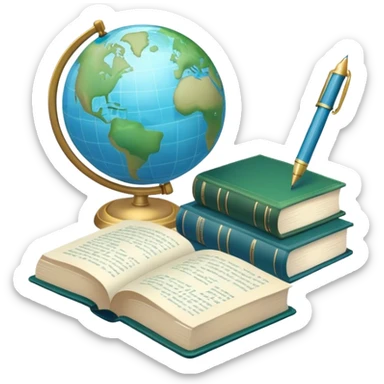 Create an emoji representing language translation. The design should feature just one globe in the background, symbolizing international communication. In front of the globe, place two books with texts on them and a pen nearby to indicate the act of writing. Use a clean and professional color palette with blues, greens, and neutral tones. Make the background transparent. sticker