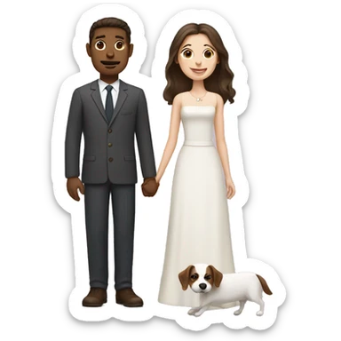 Brunette husband and wife with small white and brown dog sticker