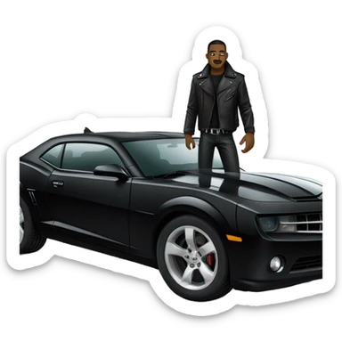 Black Camaro with a man leaning on it wearing black clothes with a black leather jacket and combat boots. sticker