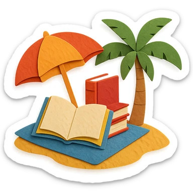 cozy beach reading nook with books, umbrella, and palm tree, layered paper effect, paper-craft style sticker